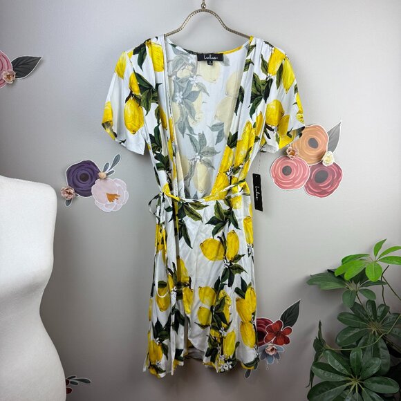 Lulus A La Tart Lemon Print Mini Wrap Dress - Size - Small - Picture 1 of 5